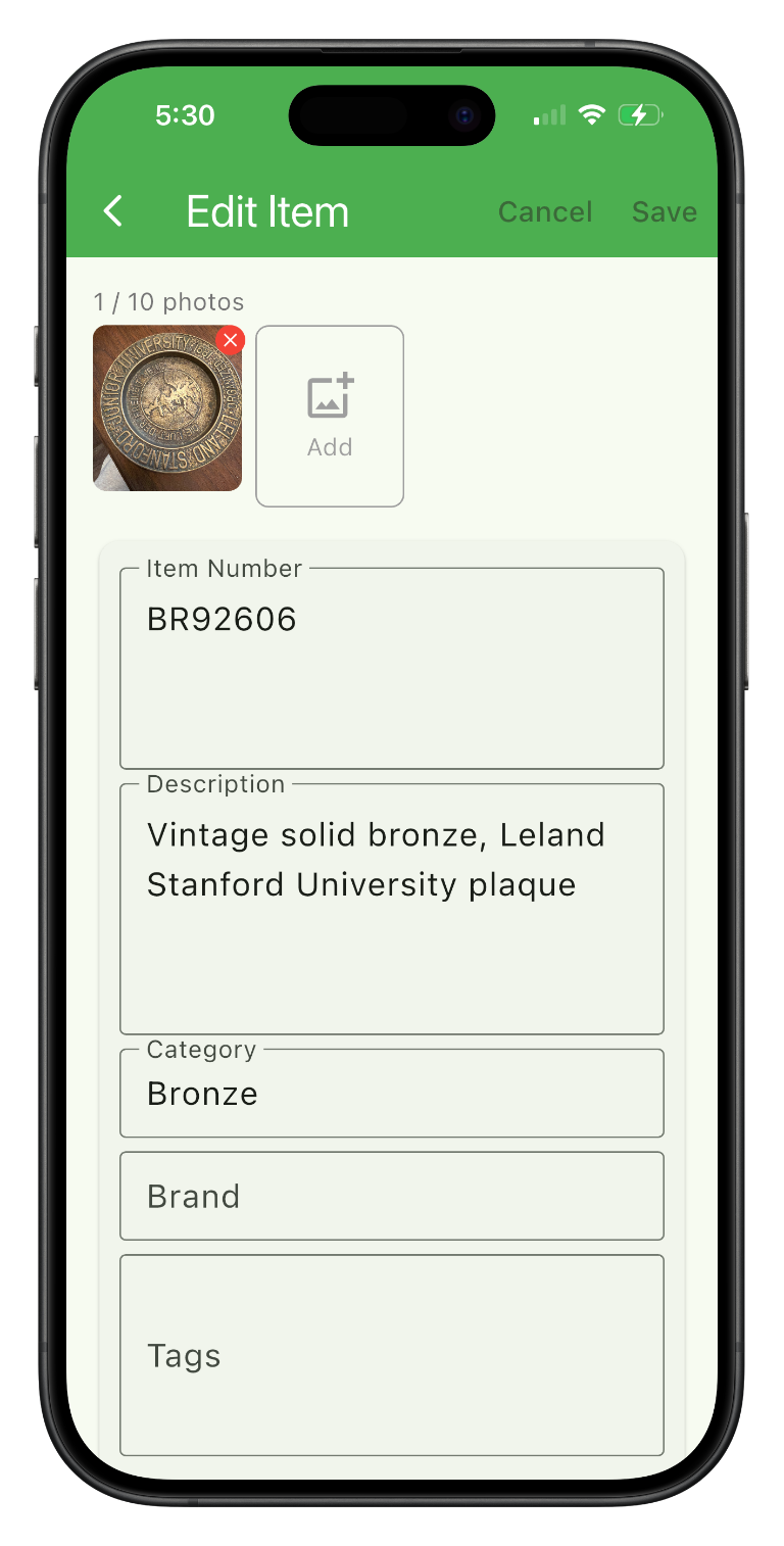 Edit item screen showing item details form