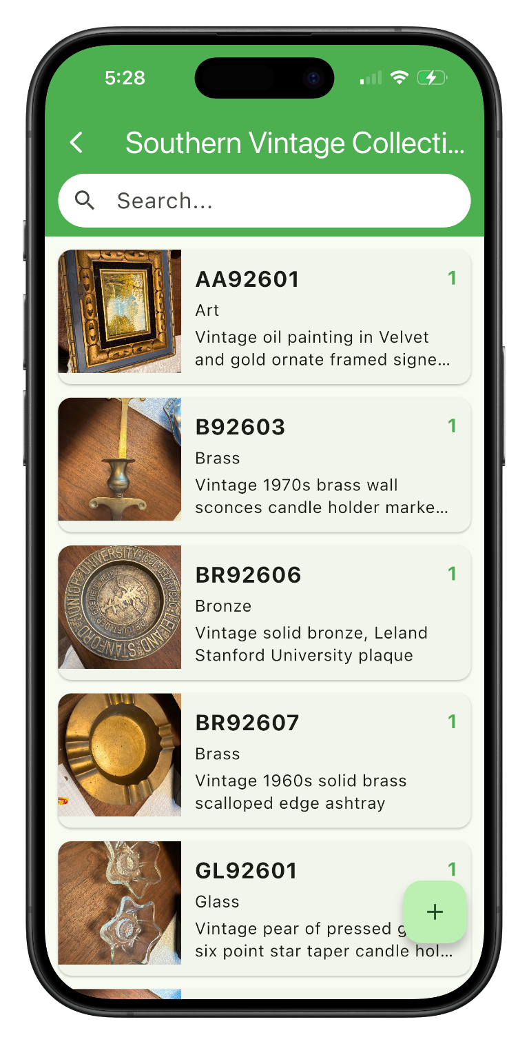 Item listing screen showing antique inventory